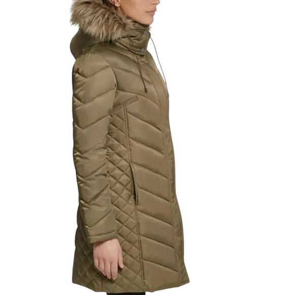 KENNETH COLE Olive Mid-Length Chevron Quilted Puffer Hooded Coat Faux Fur Size M - Picture 3 of 7